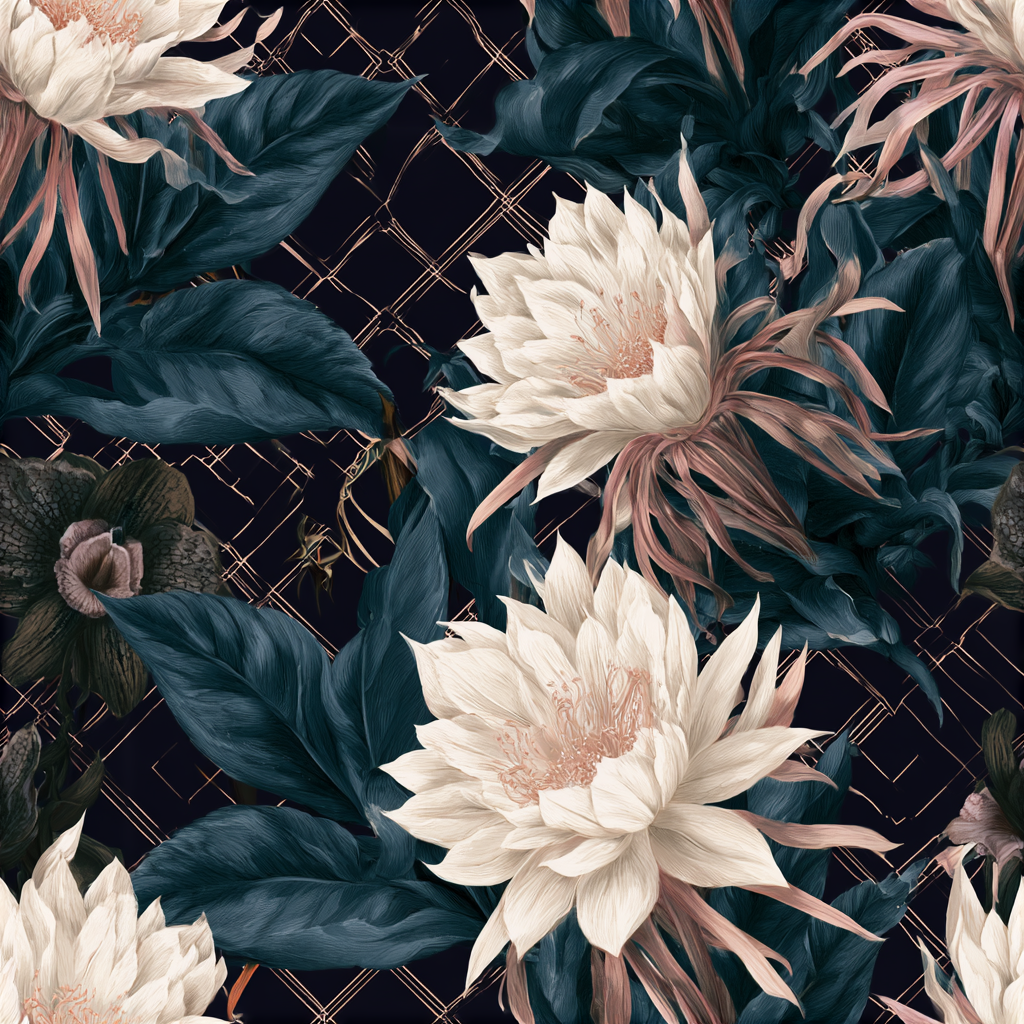 Bloom After Dark Midnight Cereus pattern — ivory night-blooming cereus on near-black ground with rose-gold lattice