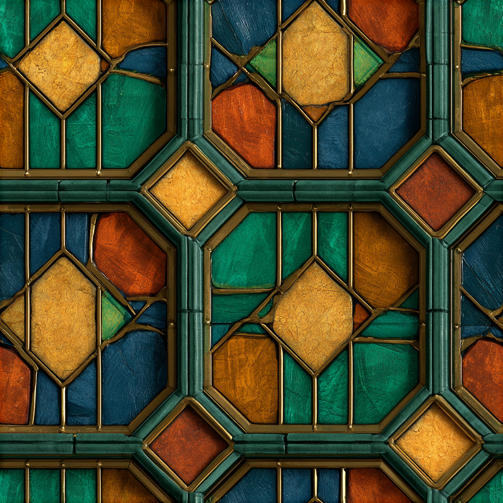 Brownstone Row Transom Glass pattern — stained-glass geometry in jewel tones