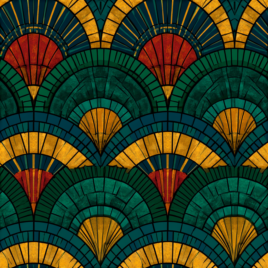 Uptown Session Scalloped Fans pattern — art deco fans in emerald, gold, and red