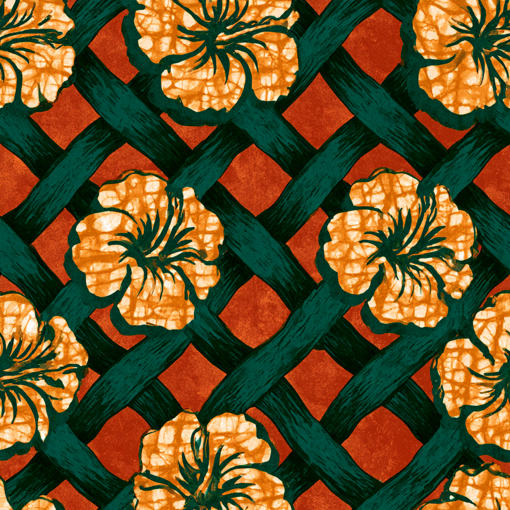 Market Wax Hibiscus Lattice pattern — batik hibiscus on deep green diagonal lattice over rust