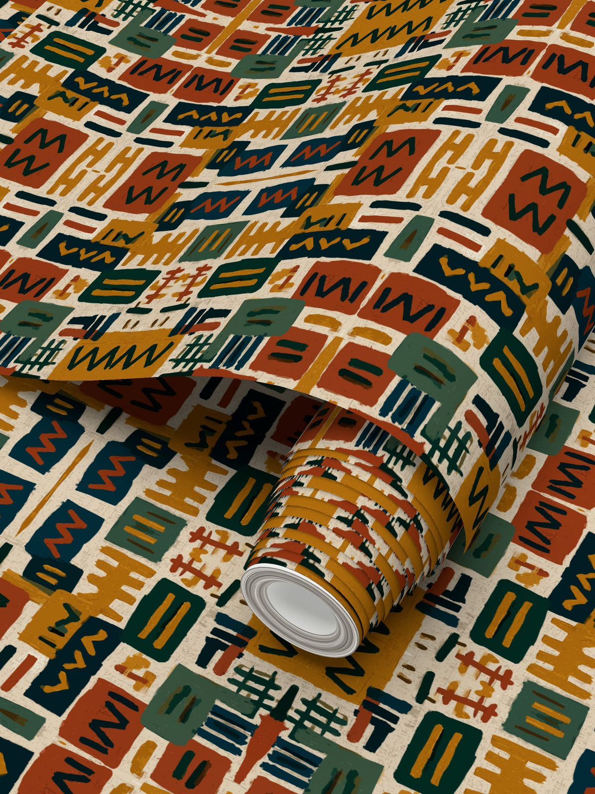 Mirrored Column wallpaper — geometric repeat detail in rust and navy