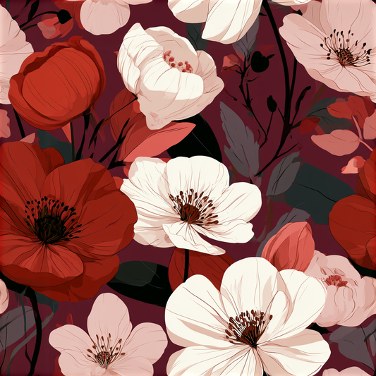 Bloom After Dark Plum Nocturne pattern — white and blush florals on deep plum