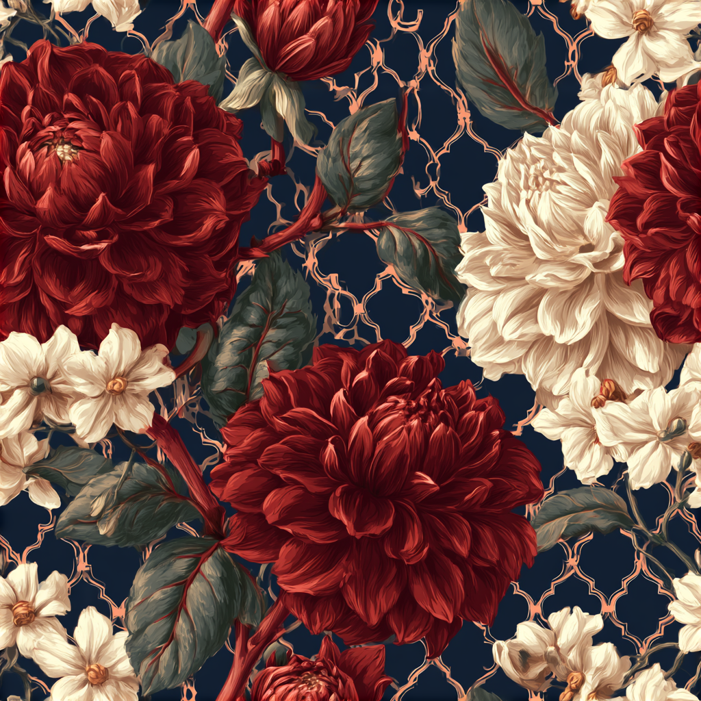 Bloom After Dark Dark Dahlia pattern — oxblood dahlias and cream jasmine on midnight navy