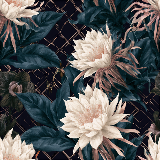 Bloom After Dark Midnight Cereus pattern — ivory night-blooming cereus on near-black ground with rose-gold lattice