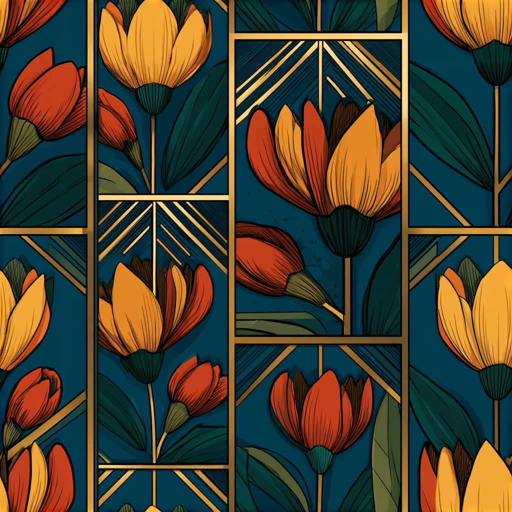 The Crossover Line Deco Bloom pattern — wax print florals with art deco linework on navy