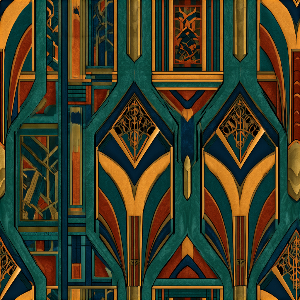 Brownstone Row Parlor Arches pattern — architectural arches in teal, brass, and rust