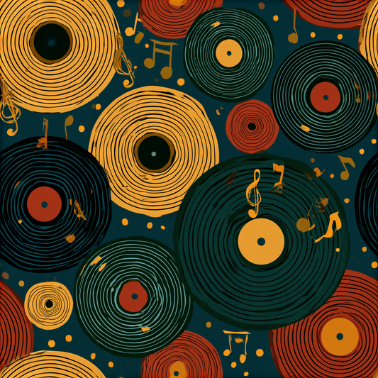 Uptown Session Record Grooves pattern — vinyl records and music notes in teal, gold, and rust