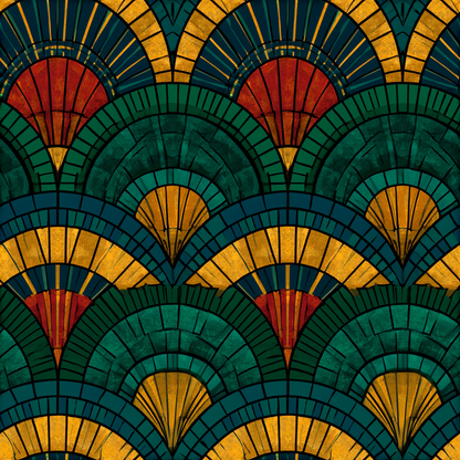 Scalloped Fans pattern — overlapping Art Deco fans in emerald, gold, and red