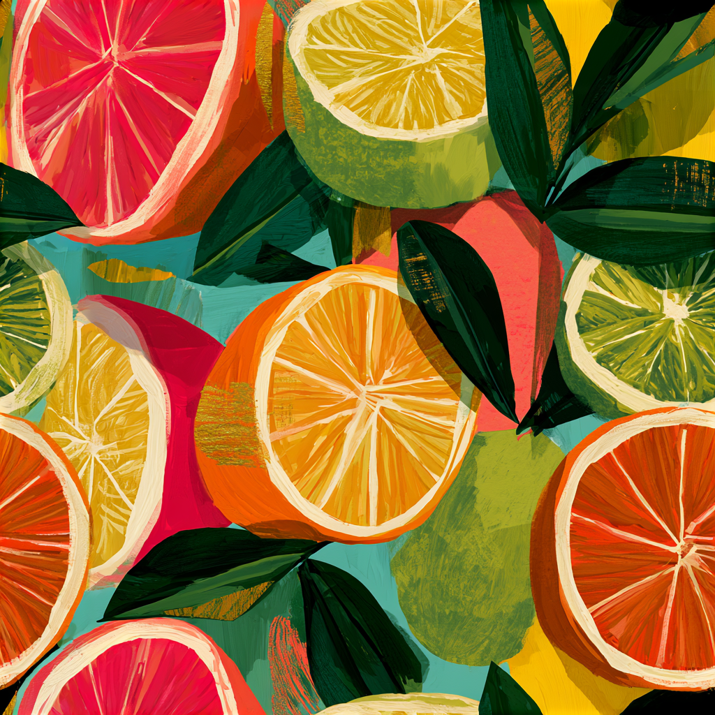 Poolside Fête Citrus Splash pattern — painterly citrus slices on turquoise with gold accents