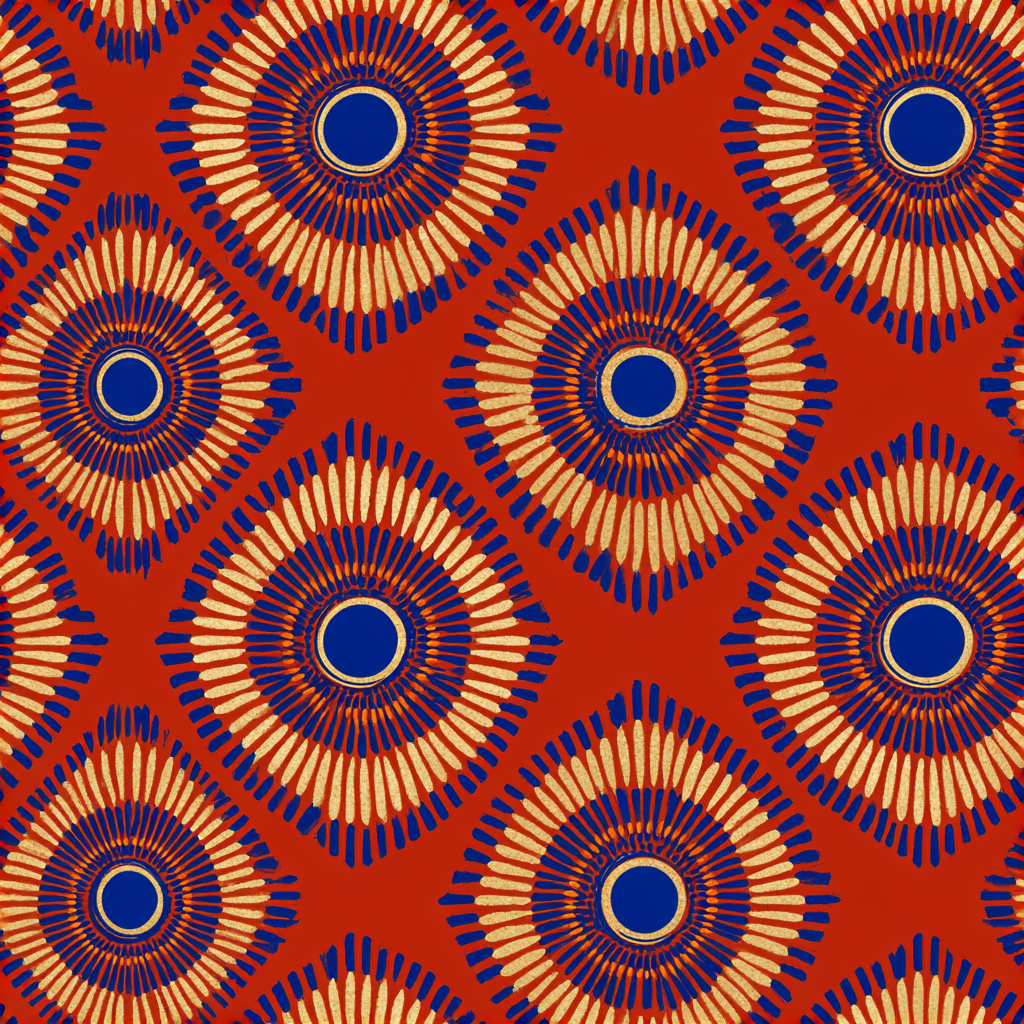 Market Wax Market Rounds pattern — concentric circles in cobalt and gold on crimson