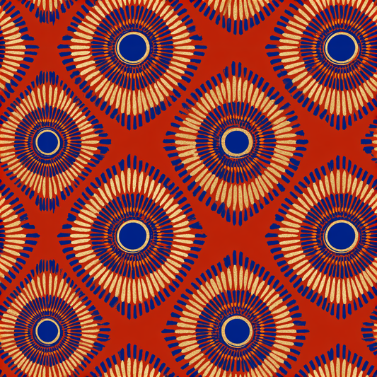 Market Wax Market Rounds pattern — concentric circles in cobalt and gold on crimson