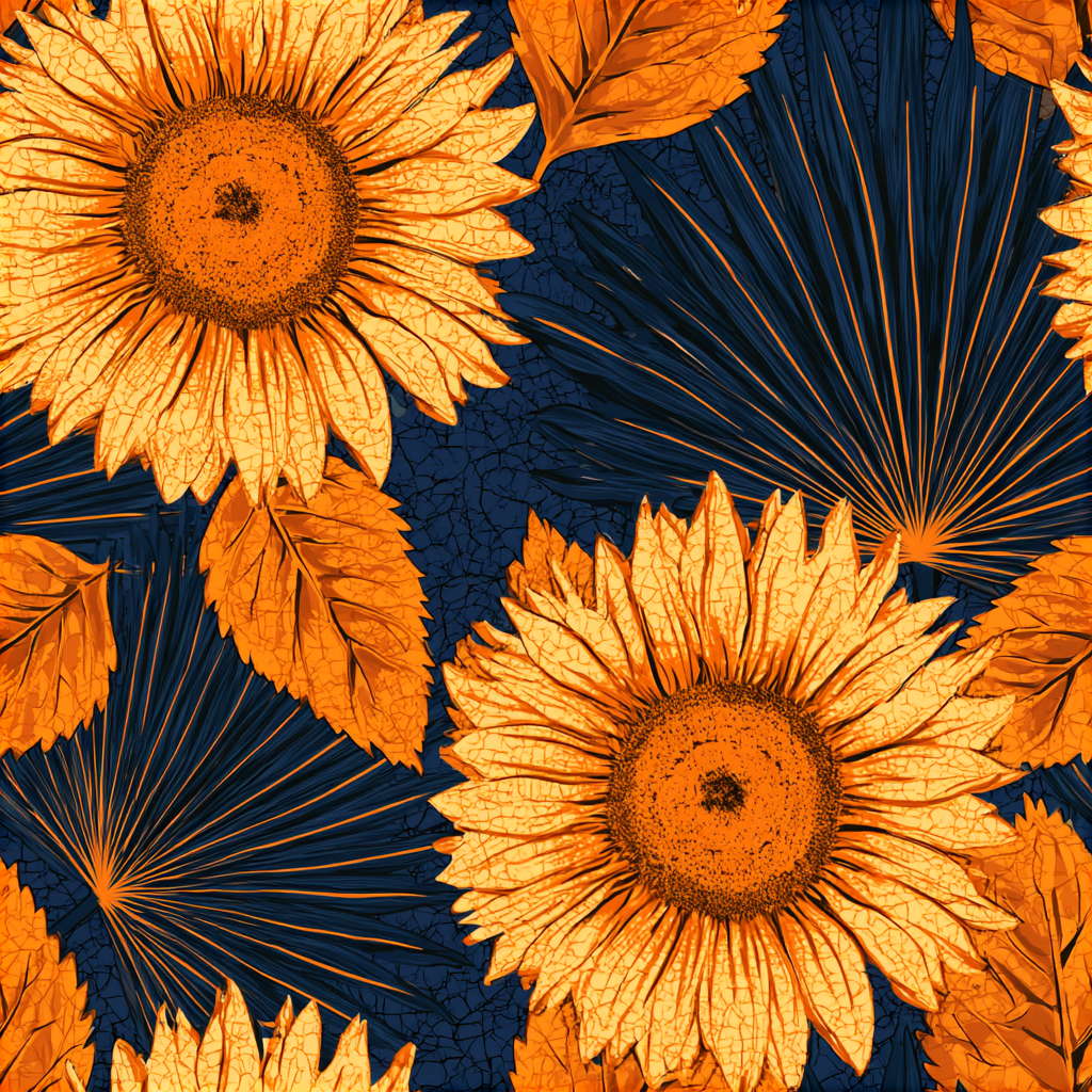 Market Wax Sunflower Stall pattern — wax print sunflowers and fan palms on indigo